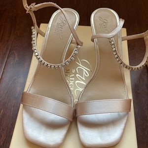 Jewel by Badgley Mischka Lalita Ankle Strap Collection, champagne color satin